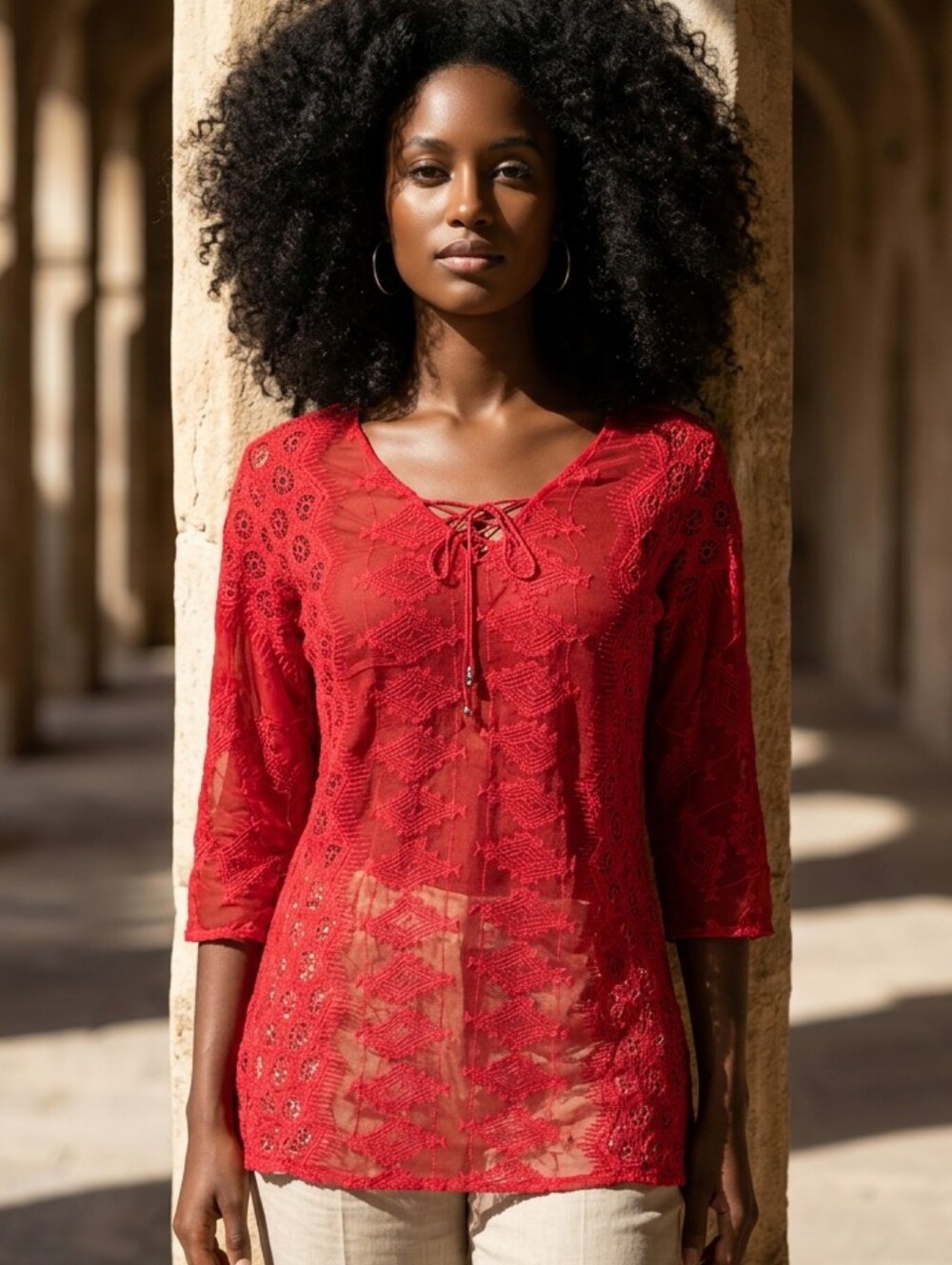 Sheer Boho Red Lace Tie-Neck Blouse